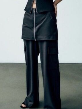 NWT Zara Black Two-Layer Skirt X Cargo Wide-Leg Pants Edgy Utilitarian Size XS